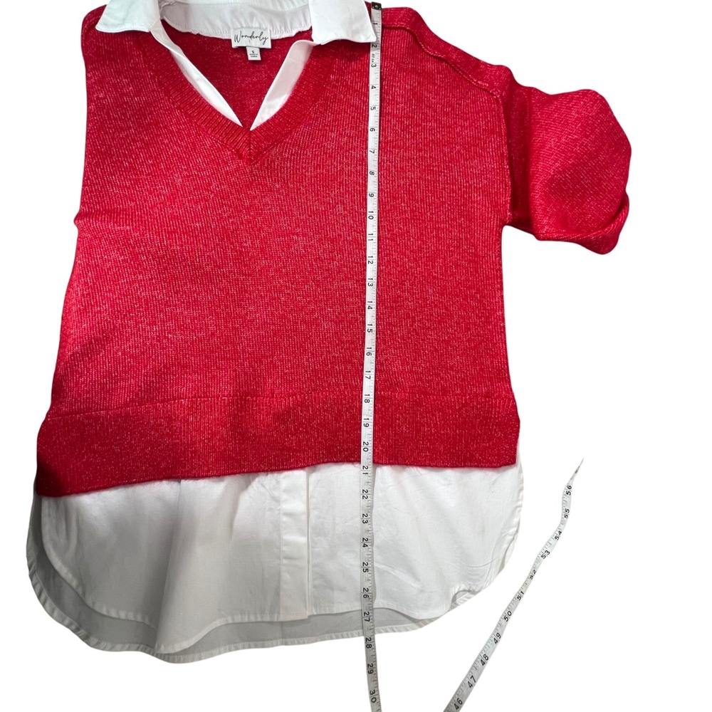 Wonderly Red Sparkle Layered Sweater White Collared Shirt Top‎ Women Size S - Picture 5 of 7